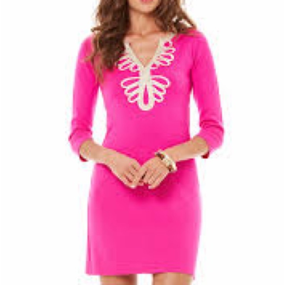 Lilly Pulitzer Hot Pink merino wool Midi Dress with gold Trim